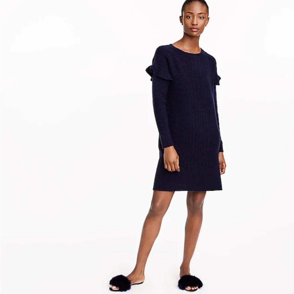 J.Crew Cable-knit ruffle-sleeve sweater dress-wool-H2478-Navy-NWT